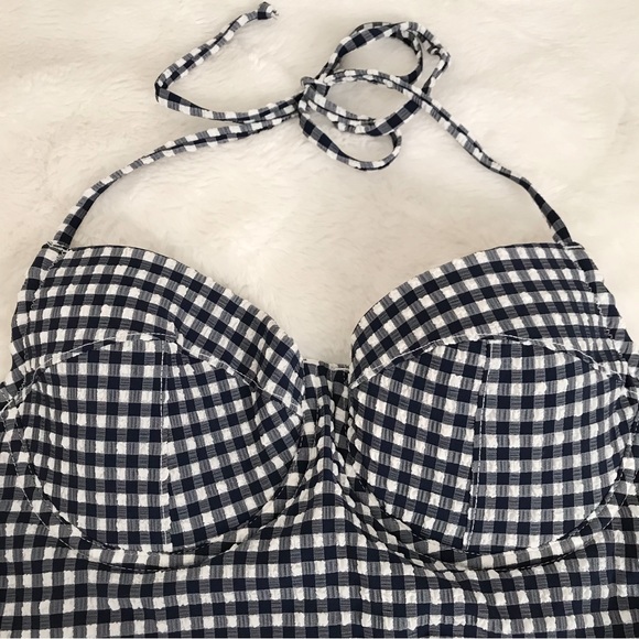 J.Crew Navy Blue Textured Seersucker Gingham One Piece Swimsuit Size 8 - Picture 4 of 15